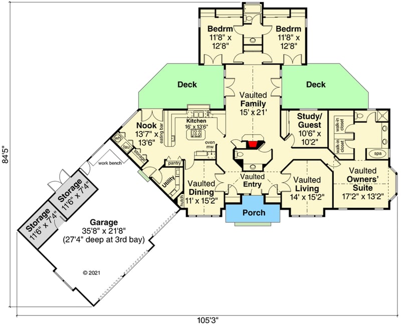 Plan 72309DA: Angled Craftsman Ranch with Circular Traffic Flow - Floor Plan - Main Level - Crawl/Slab Foundation Version