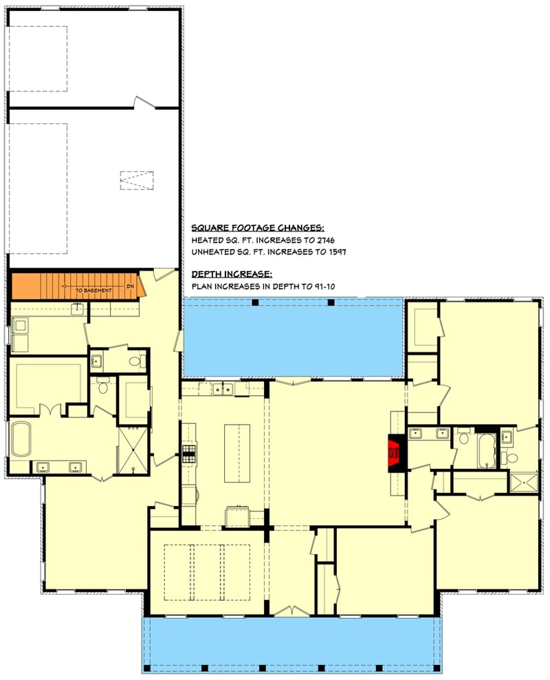 Plan 51885HZ: Modern Acadian House Plan with Potential In-law Suite - 2720 Sq Ft - Floor Plan - Main Level - Basement Stairs Location - Acadian, Country, Louisiana-Style, Southern