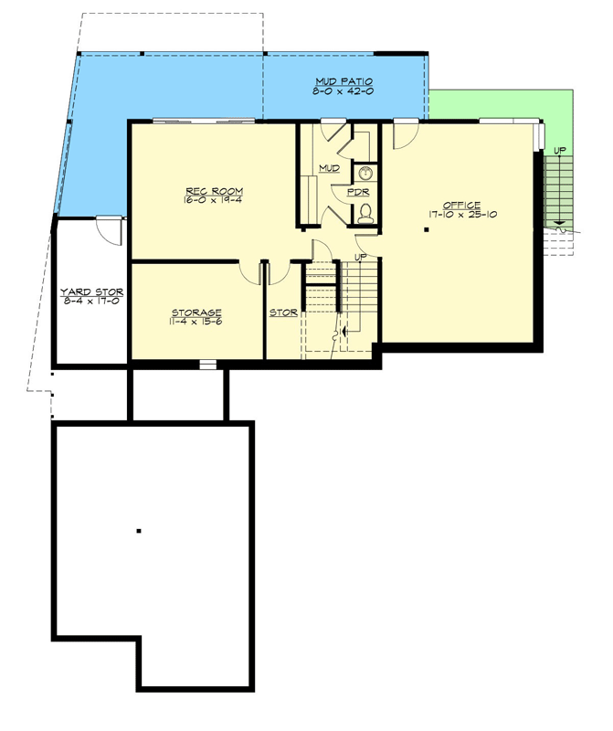 Plan 23929JD: Modern Northwest Home Plan with Stacked 4-Car Garage and Shop - Floor Plan - Basement - Mid Century Modern, Modern, Northwest, Prairie