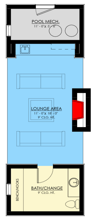 Plan 270052AF: Pool House with a Contemporary Vibe and a Fireplace - Floor Plan - Main Level - Contemporary, Country, Craftsman, French Country, Modern Farmhouse, New American, Transitional