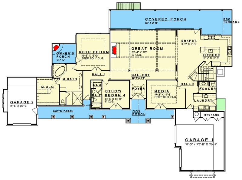 Plan 333006JHB: 2-Story Hill Country Home Plan with Large Covered Porches - Floor Plan - Main Level - European, Hill Country