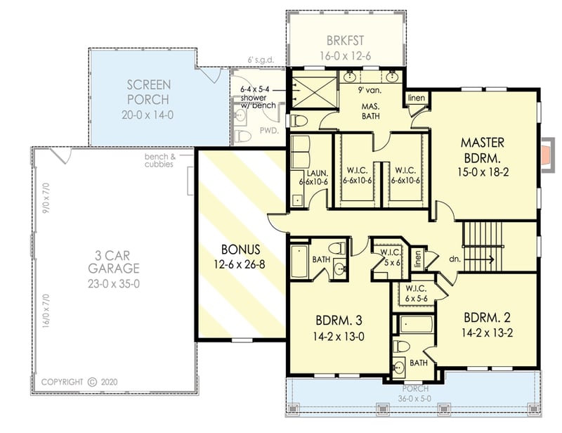 Plan 790108GLV: 2-Story Craftsman Home Plan with Guest Suite and Screened Porch - Floor Plan - Second Floor with Bonus Room - Craftsman, Northwest