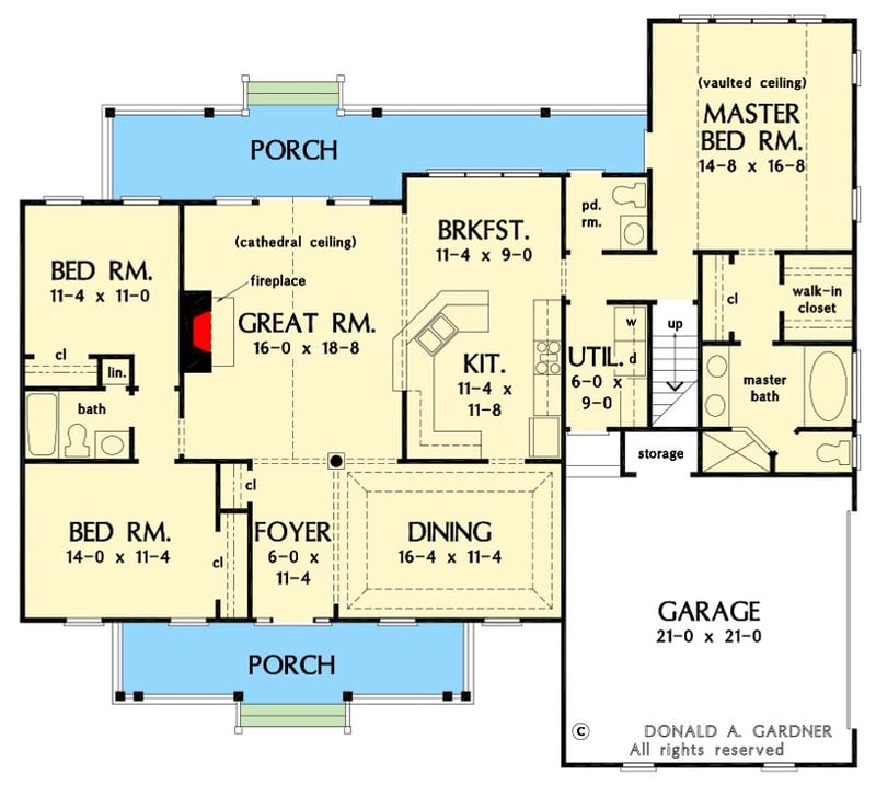 Plan 444231GDN: Three Bedroom House Plan with 18' Cathedral Ceiling in the Great Room and Bonus Expansion - Floor Plan - Main Level - Country, Southern, Traditional