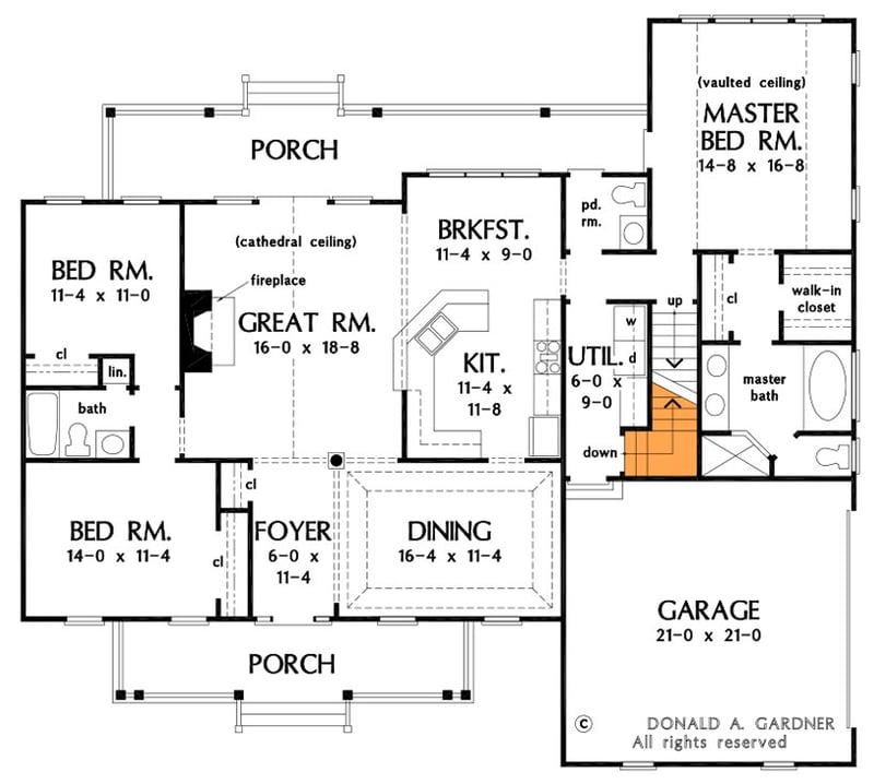 Plan 444231GDN: Three Bedroom House Plan with 18' Cathedral Ceiling in the Great Room and Bonus Expansion - Floor Plan - Basement Option - Country, Southern, Traditional