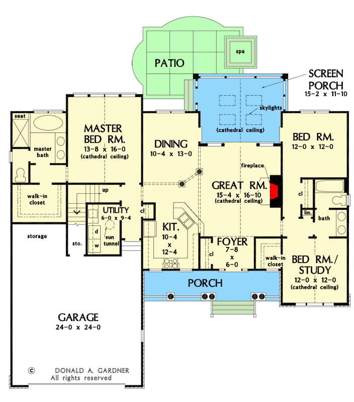 Plan 444245GDN: Traditional 3-Bed Home Plan with Screen Porch and Bonus Room - Floor Plan - Main Level - Country, Craftsman, Traditional
