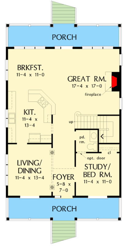Plan 444229GDN: Southern Coastal Home Plan with Stacked Front and Back Porches - Floor Plan - Main Level - Coastal, Low Country, Southern, Southern Traditional, Vacation