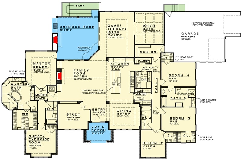 Plan 333008JHB: Modern Luxury Ranch House Plan with 5 Bedrooms and 4 Bathrooms - Floor Plan - Main Level - Mid Century Modern, Modern, Prairie, Ranch