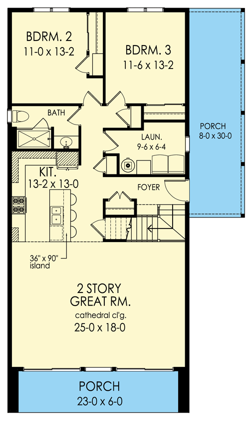 Plan 790113GLV: 3-Bed Contemporary Home Plan with Two-story Great Room and Loft - Floor Plan - Main Level - Contemporary, Modern, Mountain, Scandinavian, Vacation