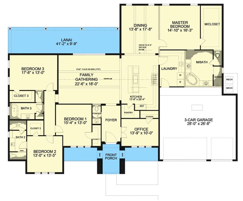 Plan 735006CAR: Mediterranean Ranch Plan with Split-Bed Layout and Home Office - Floor Plan - Main Level - European, Mediterranean, Ranch