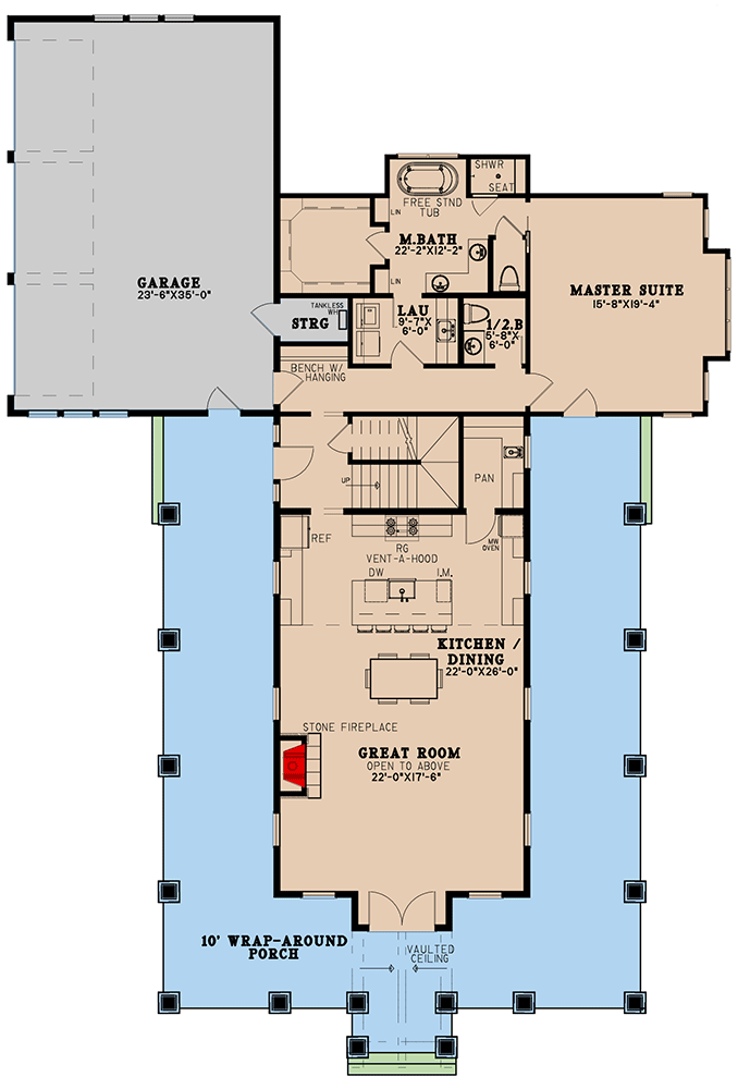 Plan 70735MK: Rustic Home Plan with Wraparound Porch, 2-Story Great Room with Overlook and a 3-Car Garage - Floor Plan - Main Level - Barndominium, Country, Farmhouse, Modern Farmhouse, Mountain, New American, Rustic