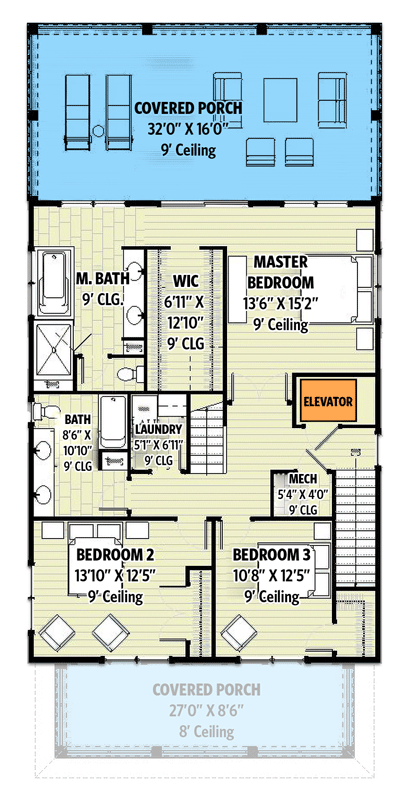 Plan 970095VC: Modern Coastal Cottage with Porches On All 3 Floors - 3588 Sq Ft - Floor Plan - Second Floor - Beach, Coastal, Low Country, Vacation