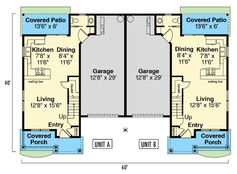 Plan 72322DA: Country Style Multi-Family House Plan with Covered Porch and Patio - 2060 Sq Ft - Floor Plan - Main Level - Country, Traditional