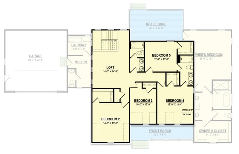 Plan 83618CRW: 5-Bed Modern Farmhouse House Plan with Home Office - 3653 Sq Ft - Floor Plan - 2nd Floor - Country, Modern Farmhouse, New American, Traditional