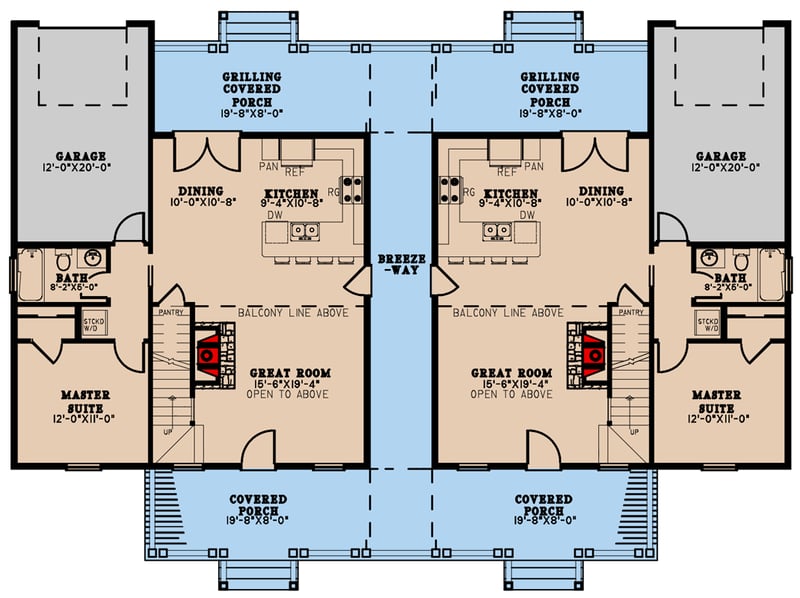 Plan 70740MK: Rustic Duplex House Plan with 2-Story Great Room with Sleeping Loft - 1292 Sq Ft 3-Bed Units - Floor Plan - Main Level - Country, Craftsman, New American, Rustic