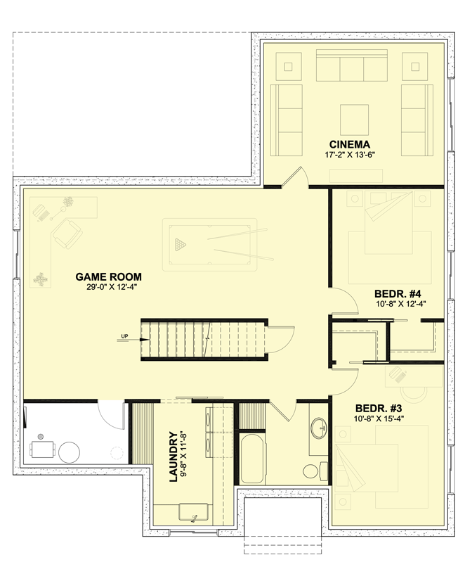 Plan 22628DR: One-story Contemporary Home Plan with Finished Lower Level with Game Room and Theater - Floor Plan - Basement - New American, Ranch