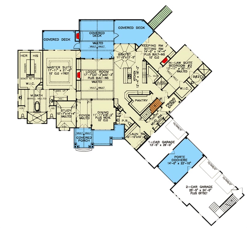 Plan 25730GE: Spacious Country House Plan with In-law Suite and Finished Basement - Floor Plan - Main Level - Craftsman, Mountain, New American, Rustic