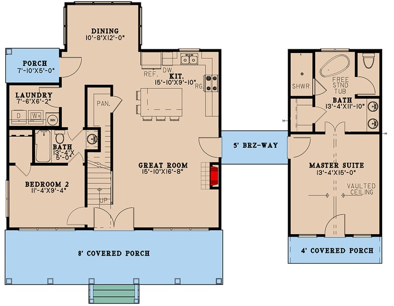 Plan 70742MK: Country Cottage with Bunk Room and a Very Private Master Suite - 1649 Sq Ft - Floor Plan - Main Level - Cottage, Country, Farmhouse, Rustic, Vacation