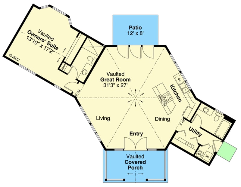 Plan 72324DA: Vacation Home with Hexagonal-shaped Living Area and One Bedroom - Floor Plan - Main Level - Ranch, Vacation