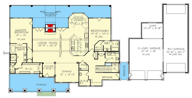 Plan 25743GE: Country Craftsman Plan with RV Garage and Walkout Basement - Floor Plan - Main Level - Country, Craftsman, Rustic