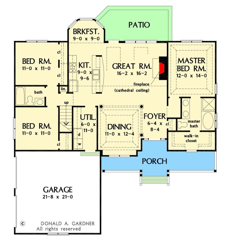 Plan 444284GDN: 3-Bed Ranch Plan with Clerestory Dormers Deliver Light to the Vaulted Great Room - Floor Plan - Main Level - Country, Traditional