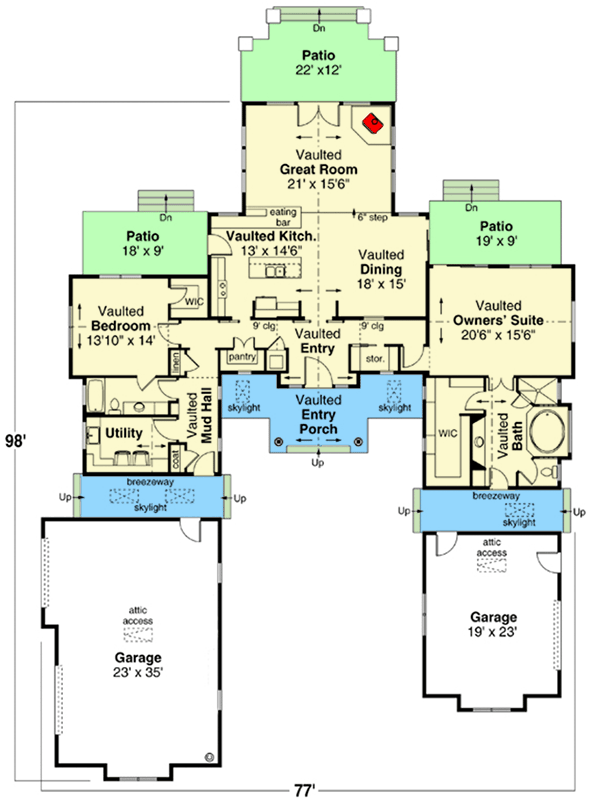 Plan 72328DA: One-story Home Plan with Two Separate Garages and Vaulted Interior Spaces - Floor Plan - Main Level - Contemporary, Ranch