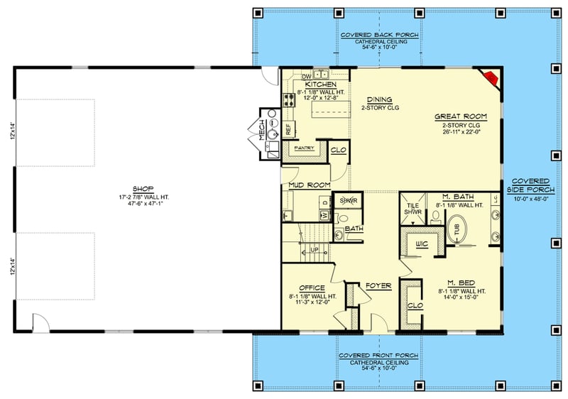 Plan 135110GRA: 2-Story Barndominium with Home Office and Wraparound Porch - Floor Plan - Main Level - Barndominium, Country