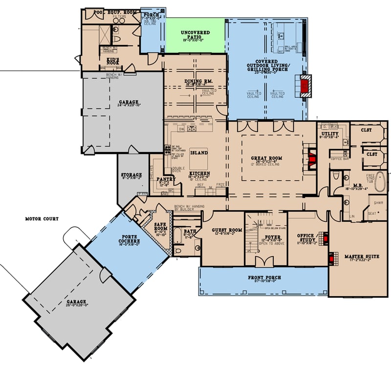 Plan 70752MK: Spacious European Home Plan with Porte-Cochere - Floor Plan - Main Level - Country, Craftsman, European, French Country, New American, Traditional