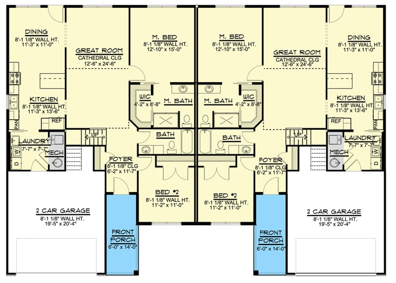 Plan 135117GRA: Multi-family House Plan with 3 Bedrooms in Each Unit - Floor Plan - Main Level - Ranch, Traditional