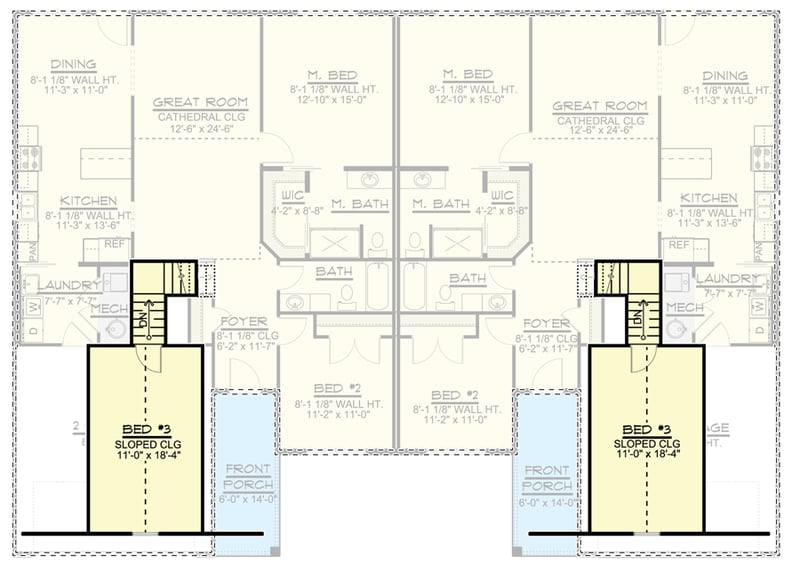 Plan 135117GRA: Multi-family House Plan with 3 Bedrooms in Each Unit - Floor Plan - 2nd Floor - Ranch, Traditional