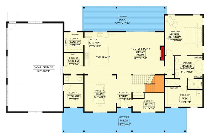 Plan 365024PED: 4-Bed Modern Farmhouse Plan with 2-Story Great Room and Laundry on Both Floors - Floor Plan - Main Level - Country, Craftsman, Farmhouse, Hill Country, Modern Farmhouse, Mountain, New American, Traditional