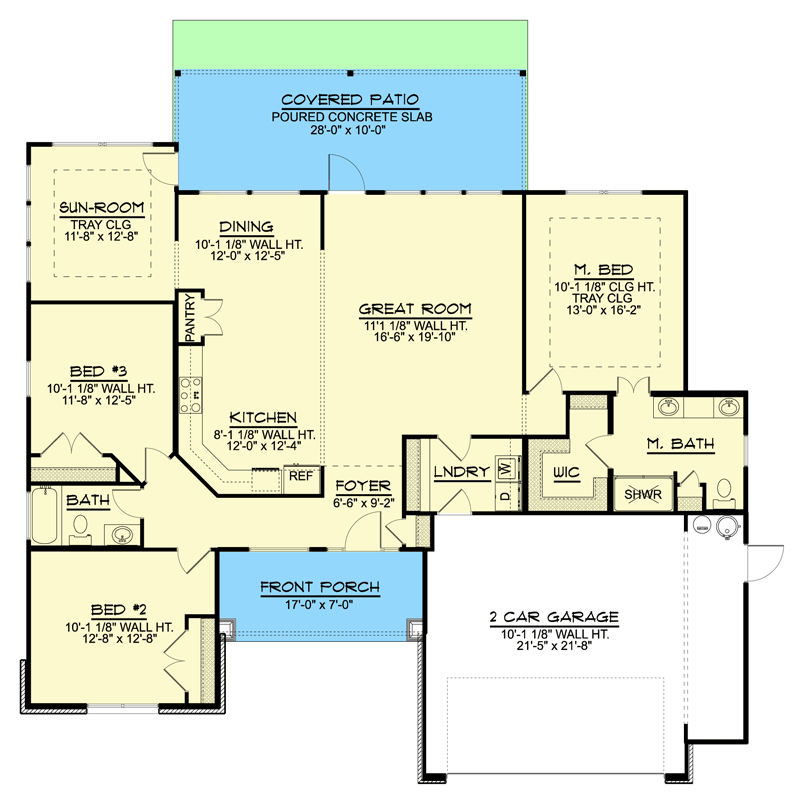 Plan 135146GRA: Craftsman Ranch Plan with Sunroom and Split-bed Layout - Floor Plan - Main Level - Ranch, Traditional
