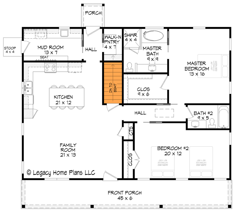 Plan 68932VR: One-Level Country House Plan with Open Living Space - 1477 Sq Ft - Floor Plan - Basement Stairs Location - Country, Farmhouse, Ranch, Rustic