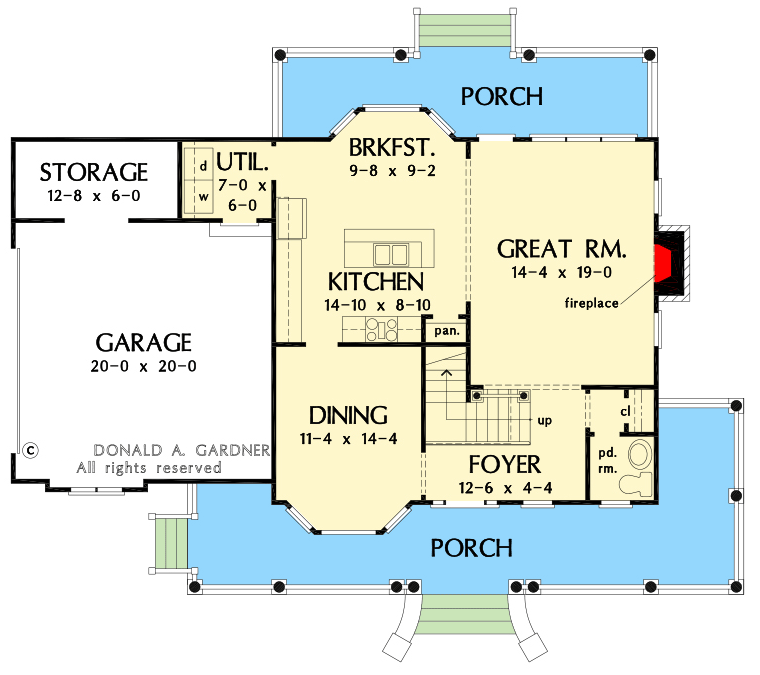 Plan 444308GDN: Traditional Colonial Home Plan with Front and Rear Porches - Floor Plan - Main Level - Colonial, Traditional