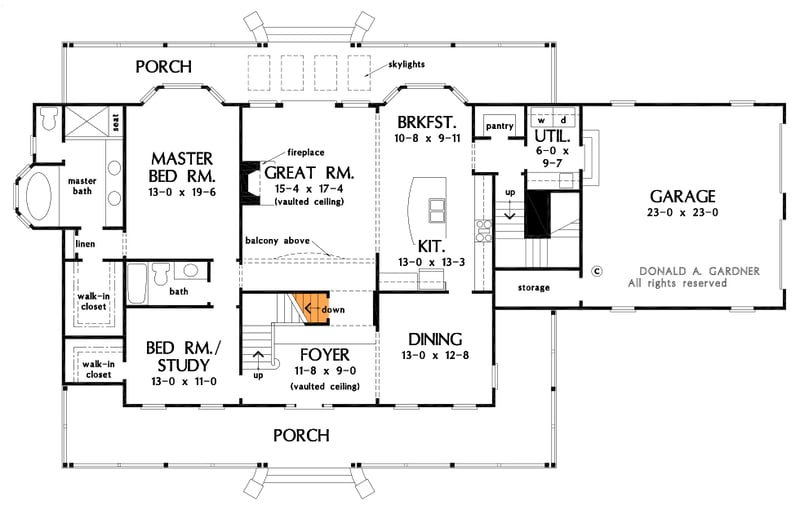Plan 444318GDN: 4-Bed Country Farmhouse Plan with 7'-Deep Porches Front and Back - Floor Plan - Basement Stair Location - Country, Farmhouse, Southern, Traditional
