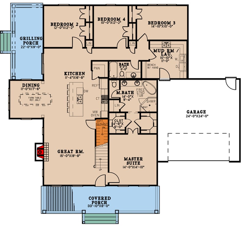 Plan 70757MK: Country Home Plan with 3 Dormers, 4 Bedrooms and a 2-Car Garage - 2119 Sq Ft - Floor Plan - Main Level - Country, Farmhouse, Modern Farmhouse