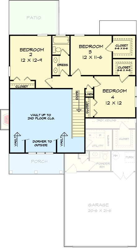 Plan 360105DK: Craftsman Home Plan with 3 Upstairs Bedrooms and Master On Main - Floor Plan - 2nd Floor - Craftsman, Traditional