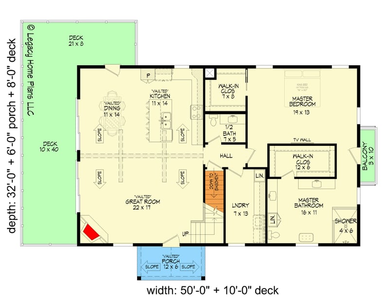 Plan 68961VR: Contemporary Mountain Home Plan with Vaulted Great Room and Wraparound Deck - Floor Plan - Main Level - Contemporary, Country, Mountain, Rustic, Vacation
