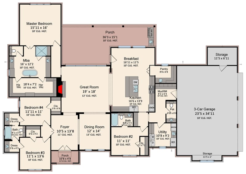 Plan 510221WDY: Transitional Farmhouse Plan with 3-Car Side-Load Garage - Floor Plan - Main Level - Acadian, Country, French Country, Louisiana-Style, Southern, Traditional, Transitional