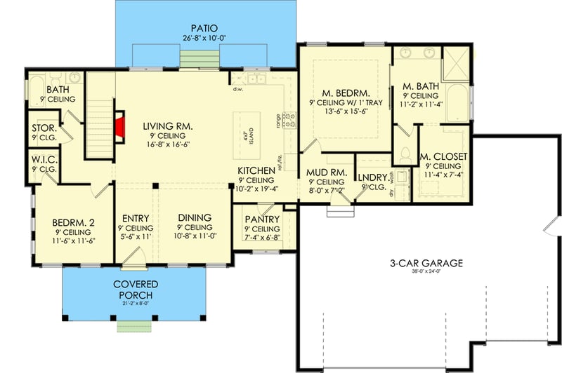 Plan 490021NAH: 2-Bed Farmhouse with Large Garage and Lower Level Expansion Potential - Floor Plan - Main Floor - Country, Farmhouse, Modern Farmhouse, New American
