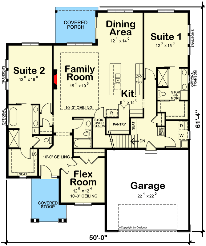 Plan 42166DB: One-story New American Ranch Home Plan with Hidden Pantry and 2 Owner's Suites - Floor Plan - Main Level