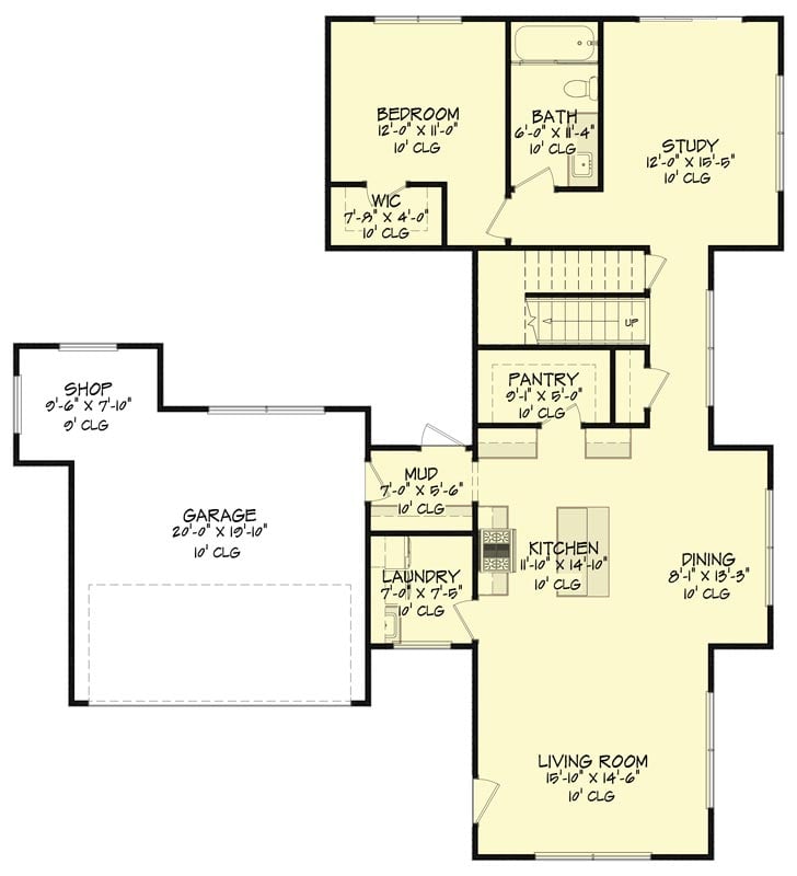 Plan 150012HRP: Barn-like Modern Home Plan with Upstairs Master Suite and a Garage Shop - Floor Plan - Main Level - Contemporary, New American, Scandinavian