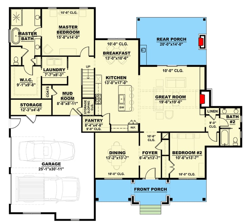 Plan 810002RBT: 2-Story Country Cottage House Plan with Laundry Access from Master Closet - Floor Plan - Main Level - Cottage, Country, New American, Southern, Traditional