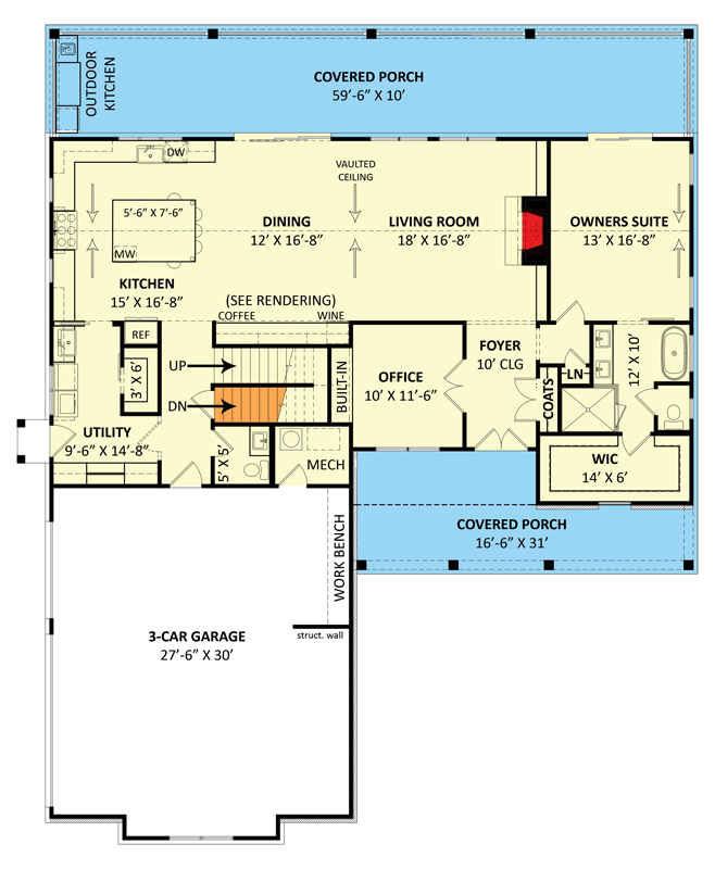 Plan 12070JL: New American Farmhouse Plan with Vaulted Open Floor Plan and a Quiet Home Office - Floor Plan - Main Level - Country, Farmhouse, Modern Farmhouse, New American, Traditional, Transitional