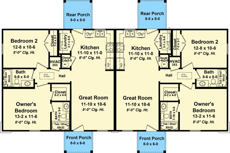 Plan 51200MM: Duplex with 2 Bed 898 Square Foot Units - Floor Plan - Main Level - Country, Ranch, Traditional, Vacation