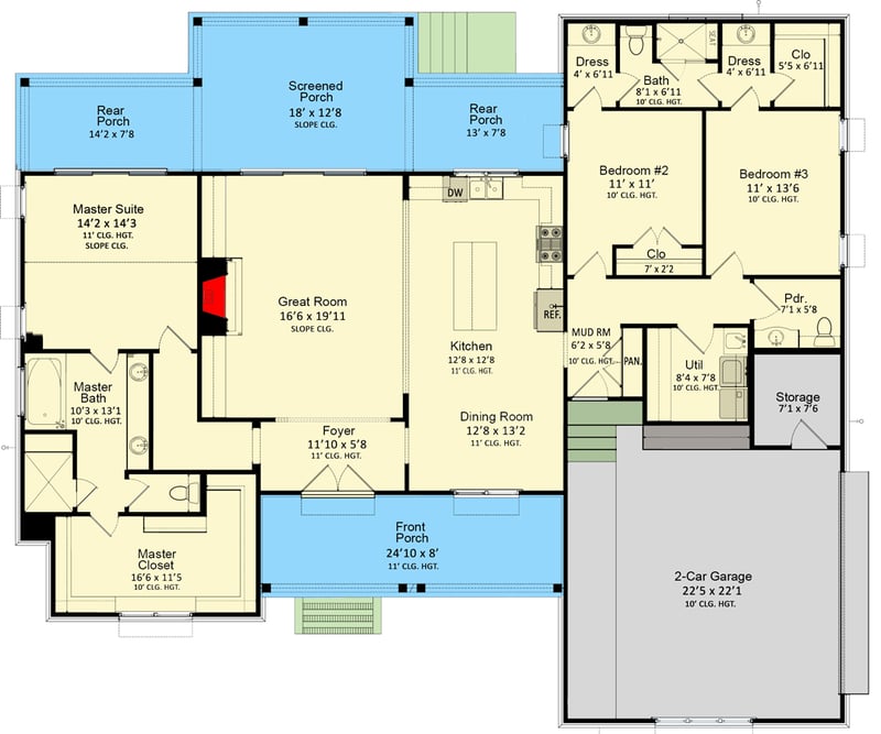 Plan 510224WDY: Split Bedroom New American Farmhouse with 8'-deep Front Porch - Floor Plan - Main Level - Country, Farmhouse, Modern Farmhouse, New American, Southern