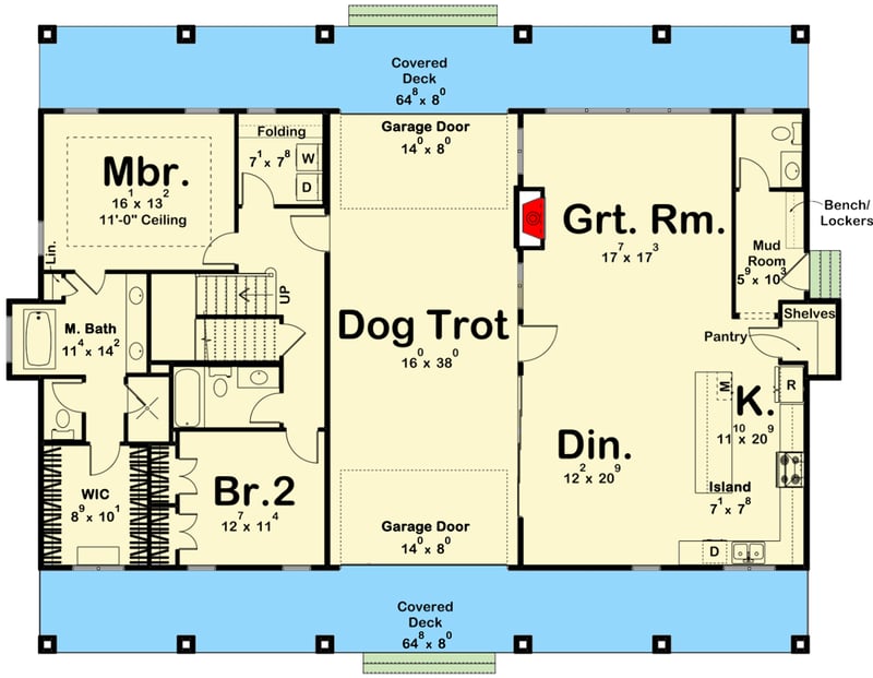 Plan 623103DJ: Country Home Plan with Central Dogtrot Accessible by Garage Doors - Floor Plan - Main Level - Cabin, Country, Farmhouse, Rustic, Southern