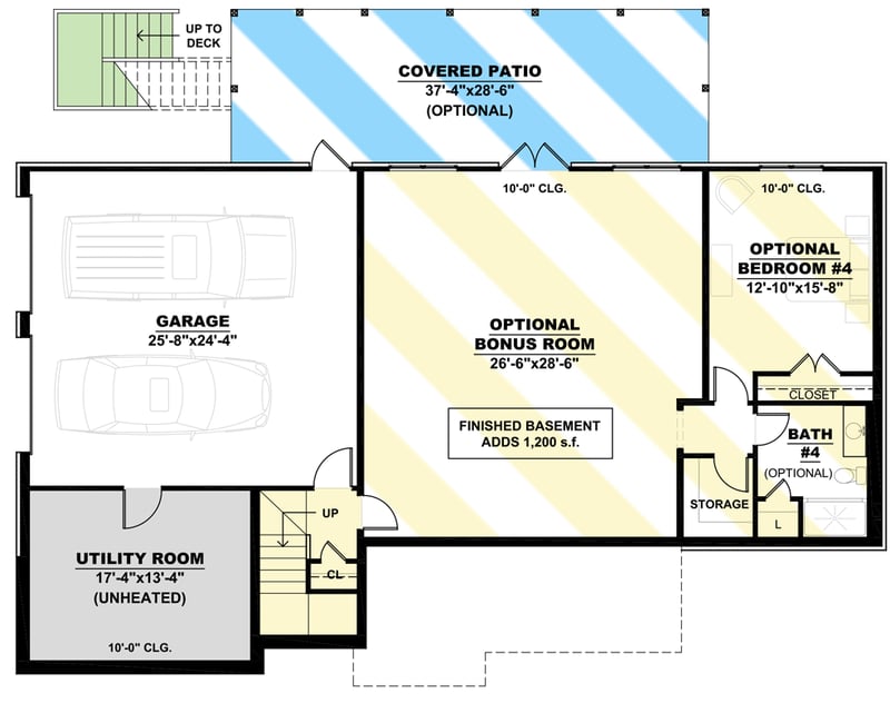 Plan 810004RBT: Country Craftsman Plan with Option to Finish Basement - Floor Plan - Optionally Finished Lower Level - Country, Craftsman, Ranch, Southern, Traditional
