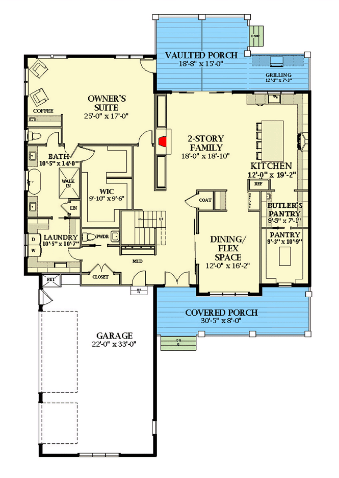 Plan 46463LA: New American House Plan with Home Office and 2 Master Suites - Floor Plan - Main Level - Country, Craftsman, Modern Farmhouse, New American