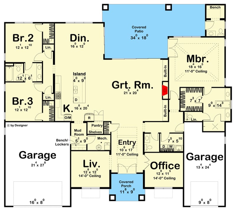Plan 623105DJ: 3-Bed Mediterranean Home Plan under 3000 Square Feet - Floor Plan - Main Level - Mediterranean, Ranch, Southwest, Spanish