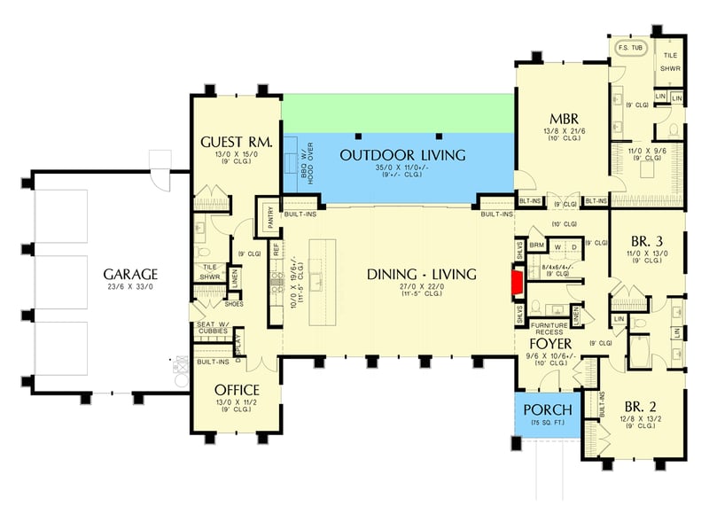 Plan 69199AM: One-Story Modern Prairie-Style Home Plan with Home Office - Floor Plan - Main Level - Northwest, Prairie, Ranch